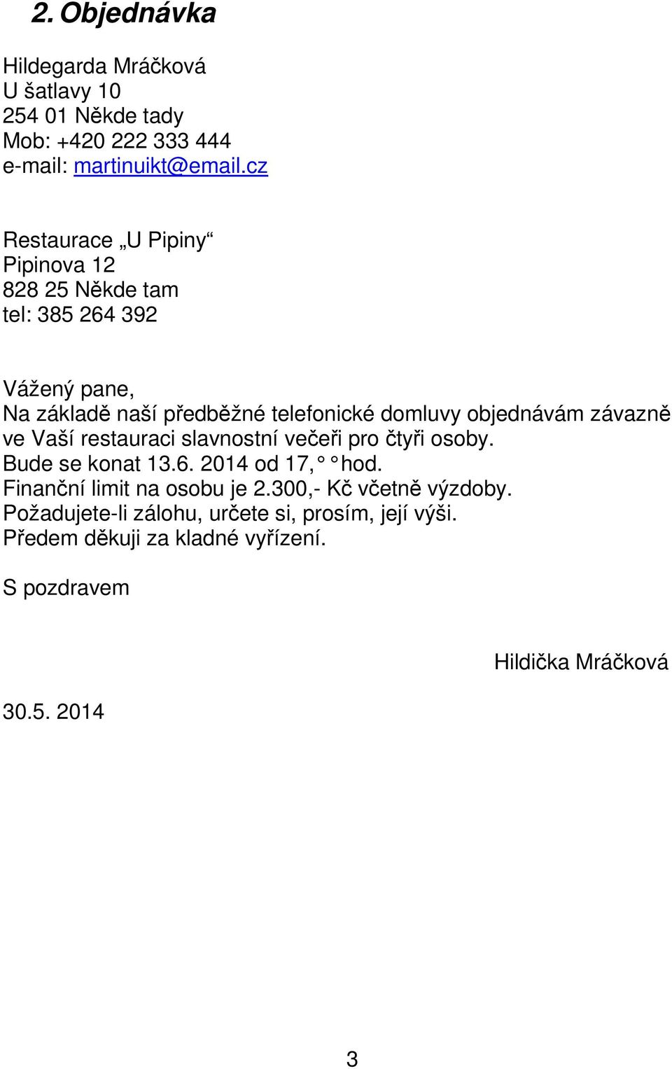 objednávám závazně ve Vaší restauraci slavnostní večeři pro čtyři osoby. Bude se konat 13.6. 2014 od 17, hod.