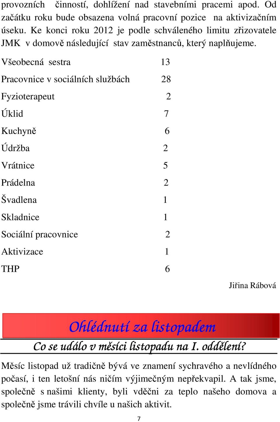 Všeobecná sestra 13 Pracovnice v sociálních službách 28 Fyzioterapeut 2 Úklid 7 Kuchyně 6 Údržba 2 Vrátnice 5 Prádelna 2 Švadlena 1 Skladnice 1 Sociální pracovnice 2 Aktivizace 1 THP 6 Jiřina