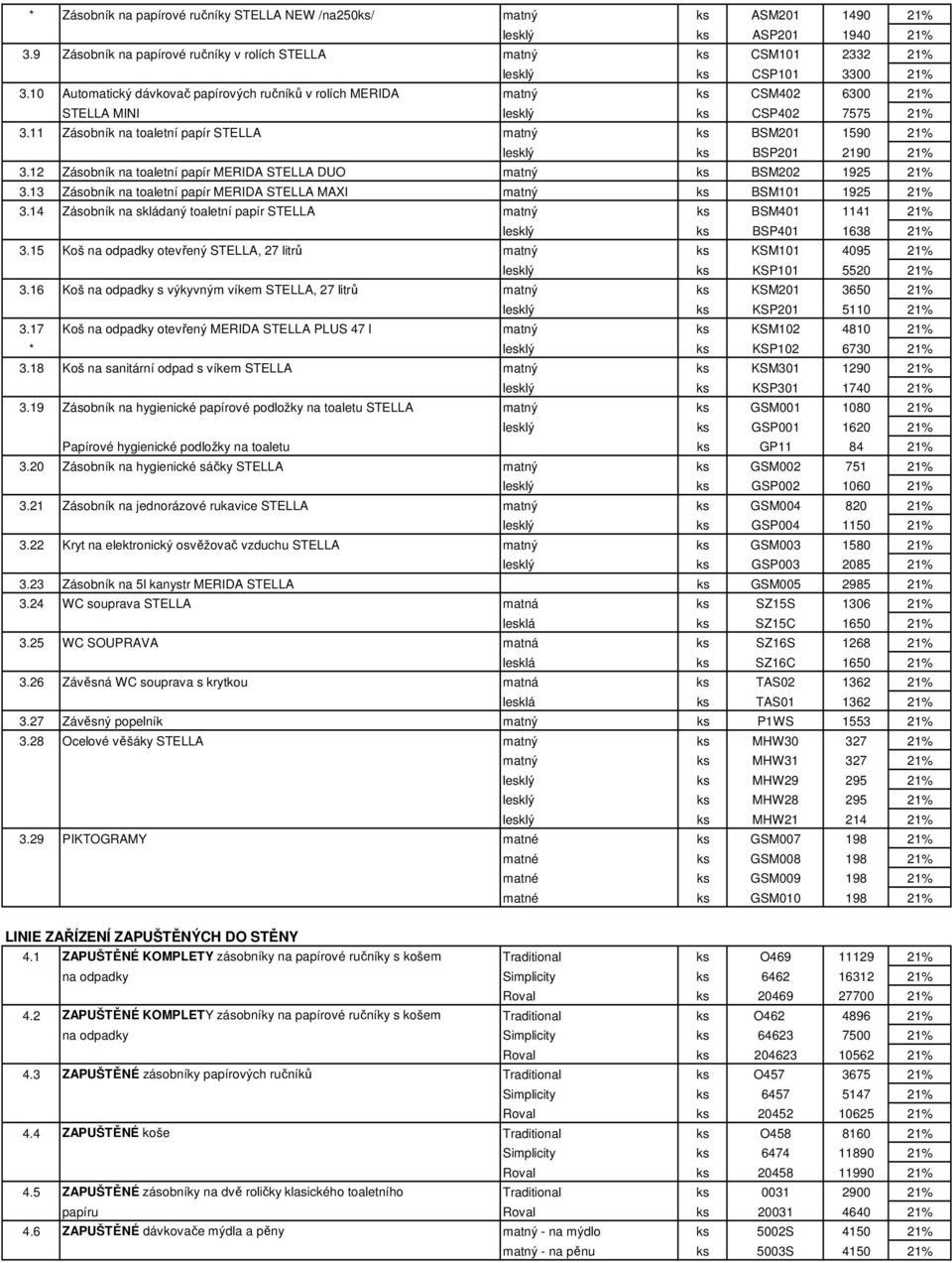 10 Automatický dávkovač papírových ručníků v rolích MERIDA matný ks CSM402 6300 21% STELLA MINI lesklý ks CSP402 7575 21% 3.