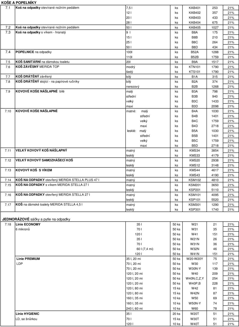 4 POPELNICE na odpadky 100l ks B52A 1288 21% 110l ks B52B 1759 21% 7.5 KOŠ SANITÁRNÍ na dámskou toaletu 20l ks B9A 1517 21% 7.