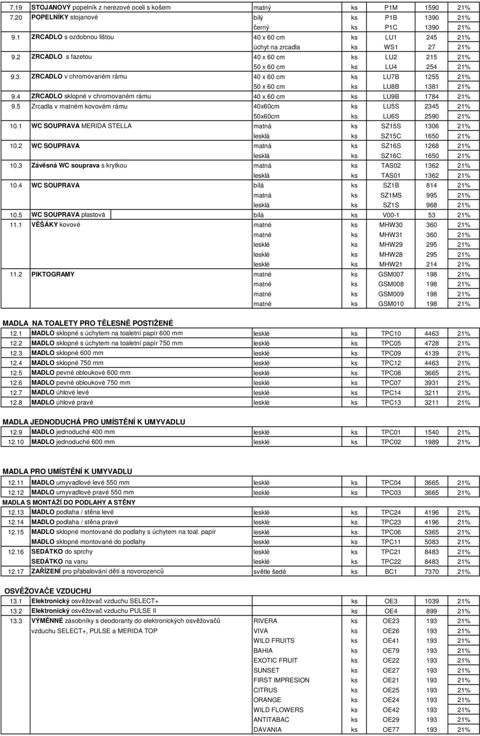 ZRCADLO v chromovaném rámu 40 x 60 cm ks LU7B 1255 21% 50 x 60 cm ks LU8B 1381 21% 9.4 ZRCADLO sklopné v chromovaném rámu 40 x 60 cm ks LU9B 1784 21% 9.