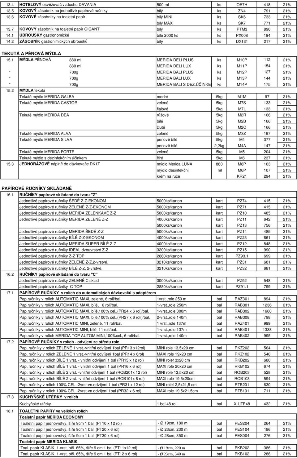 1 UBROUSKY gastronomické bílé 2000 ks ks PX008 194 21% 14.2 ZÁSOBNÍK gastronimických ubrousků bílý ks DX131 217 21% TEKUTÁ A PĚNOVÁ MÝDLA 15.