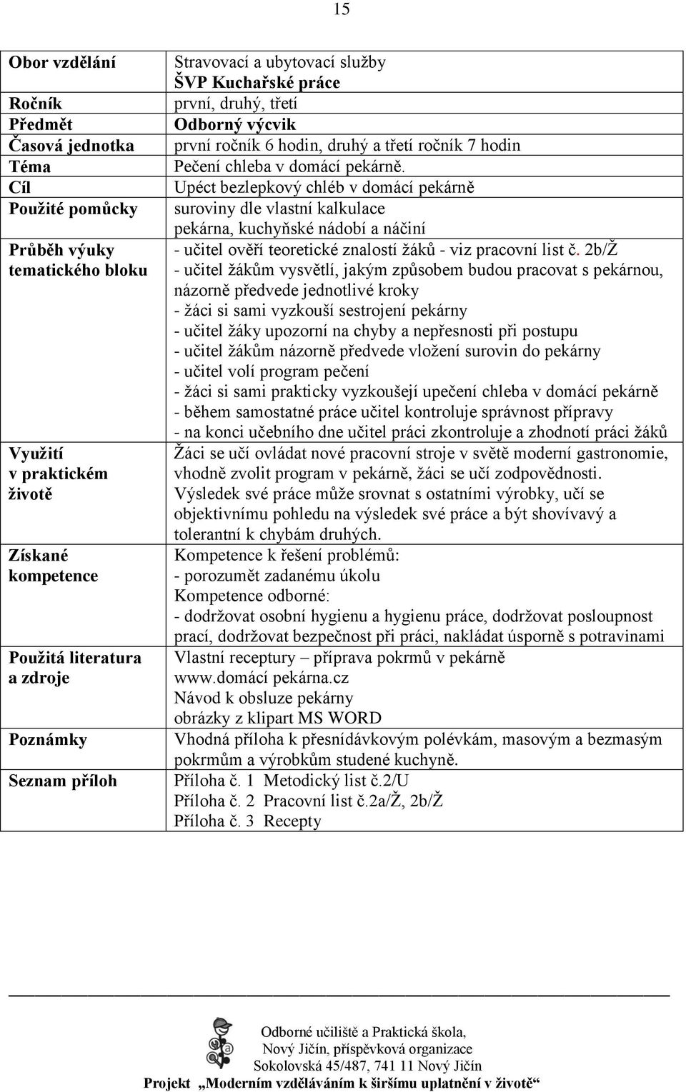 2b/Ţ - učitel ţákům vysvětlí, jakým způsobem budou pracovat s pekárnou, názorně předvede jednotlivé kroky - ţáci si sami vyzkouší sestrojení pekárny - učitel ţáky upozorní na chyby a nepřesnosti při