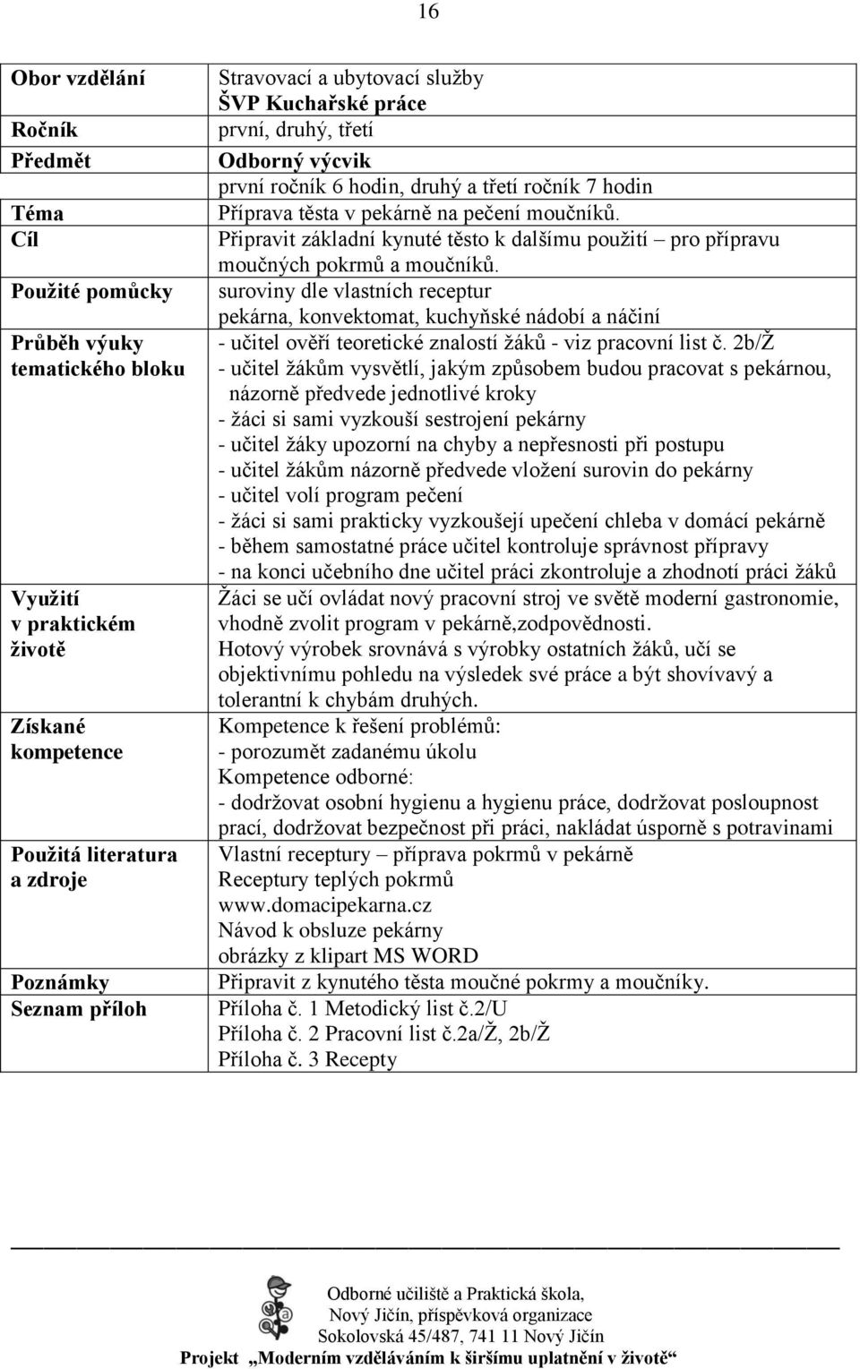 suroviny dle vlastních receptur pekárna, konvektomat, kuchyňské nádobí a náčiní - učitel ověří teoretické znalostí ţáků - viz pracovní list č.