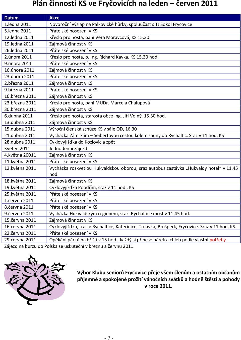 9.února 2011 Přátelské posezení v KS 16.února 2011 Zájmová činnost v KS 23.února 2011 Přátelské posezení v KS 2.března 2011 Zájmová činnost v KS 9.března 2011 Přátelské posezení v KS 16.