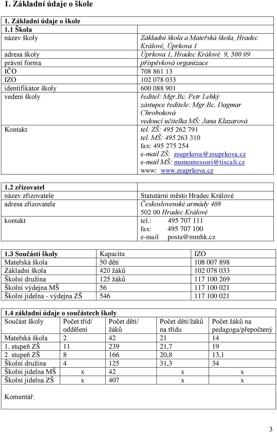 1 Škola název školy Základní škola a Mateřská škola, Hradec Králové, Úprkova 1 adresa školy Úprkova 1, Hradec Králové 9, 500 09 právní forma příspěvková organizace IČO 708 861 13 IZO 102 078 033
