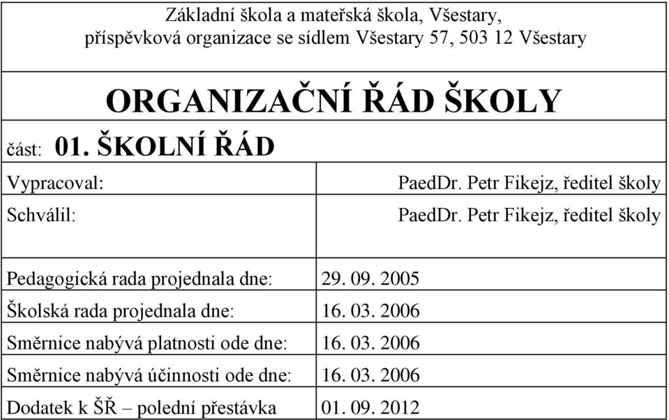 Petr Fikejz, ředitel školy Pedagogická rada projednala dne: 29. 09. 2005 Školská rada projednala dne: 16. 03.