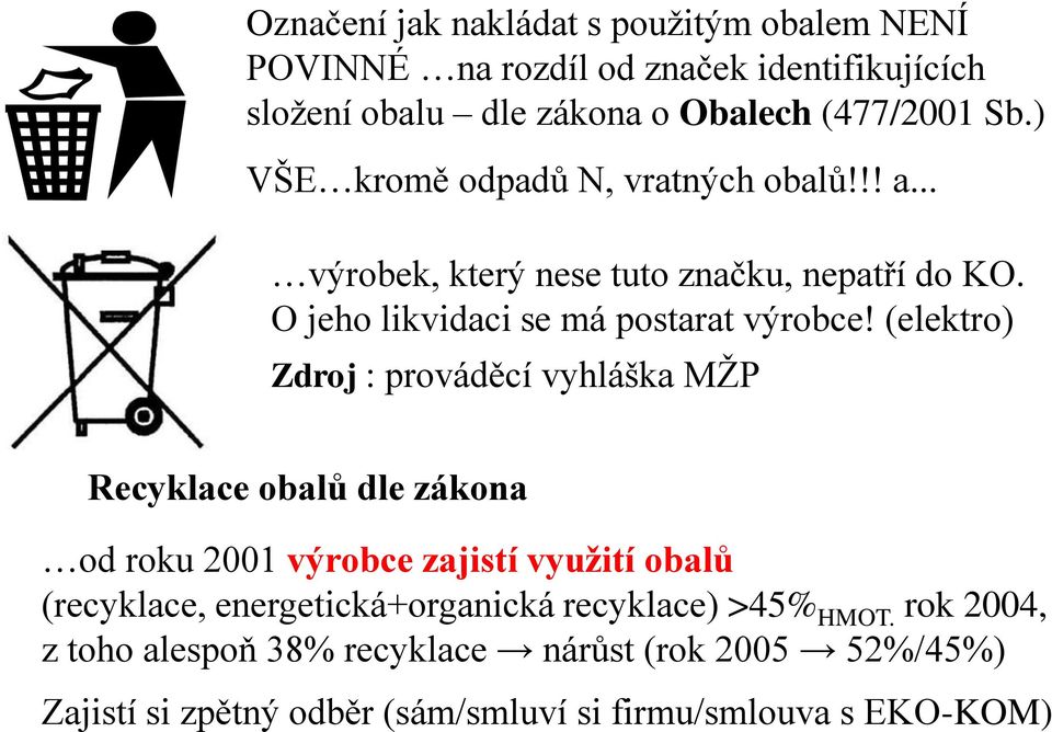 (elektro) Zdroj : prováděcí vyhláška MŽP Recyklace obalů dle zákona od roku 2001 výrobce zajistí využití obalů (recyklace,