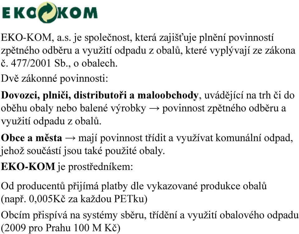 odpadu z obalů. Obce a města mají povinnost třídit a využívat komunální odpad, jehož součástí jsou také použité obaly.