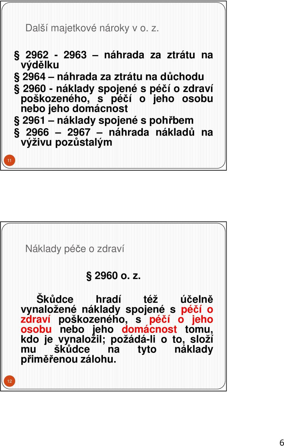 o jeho osobu nebo jeho domácnost 2961 náklady spojené s pohřbem 2966 2967 náhrada nákladů na výživu pozůstalým 11 Náklady péče o