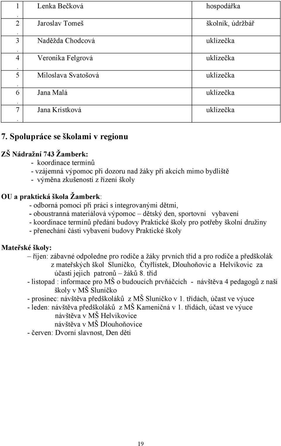 Spolupráce se školami v regionu ZŠ Nádražní 743 Žamberk: - koordinace termínů - vzájemná výpomoc při dozoru nad žáky při akcích mimo bydliště - výměna zkušeností z řízení školy OU a praktická škola