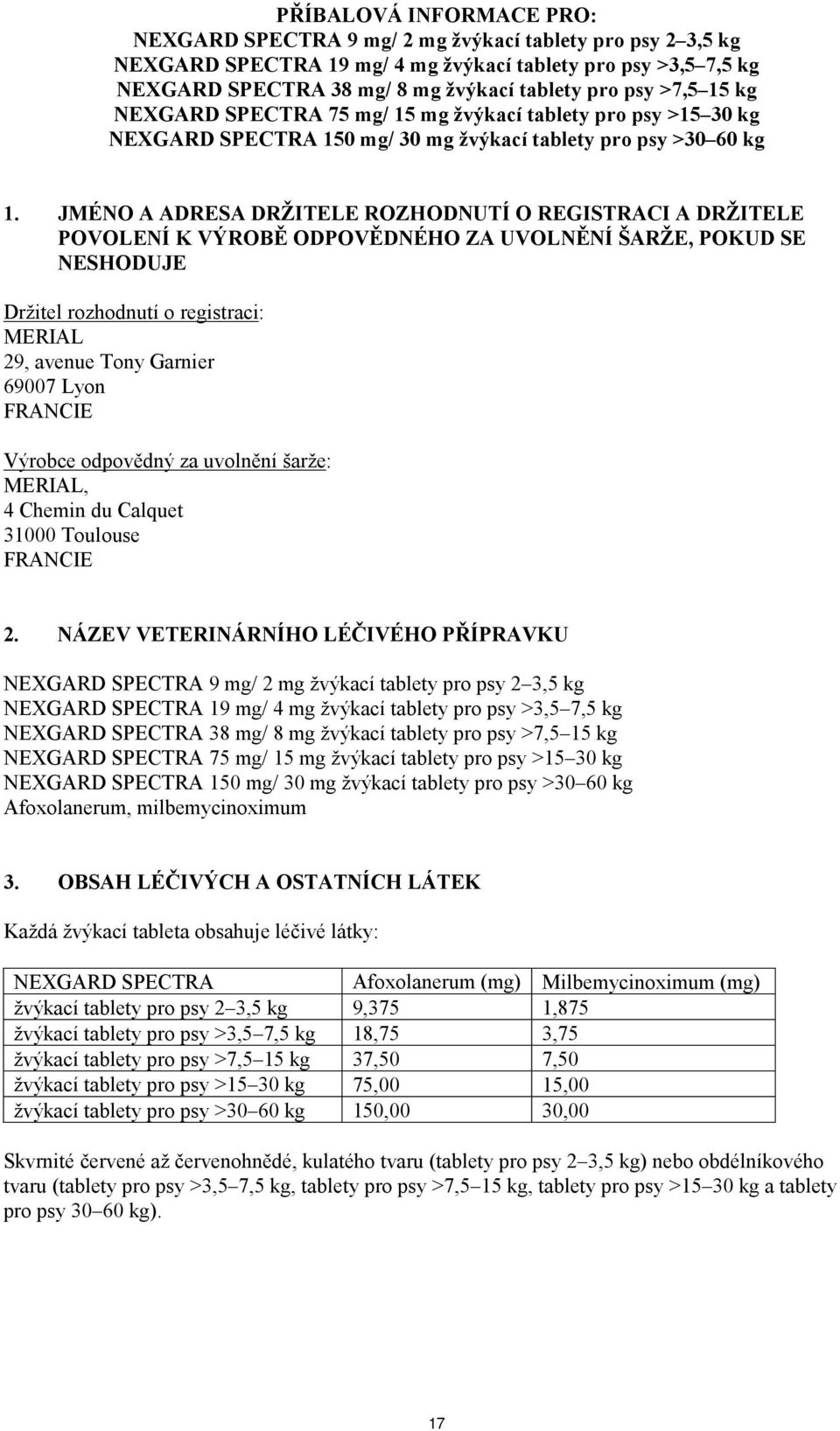 JMÉNO A ADRESA DRŽITELE ROZHODNUTÍ O REGISTRACI A DRŽITELE POVOLENÍ K VÝROBĚ ODPOVĚDNÉHO ZA UVOLNĚNÍ ŠARŽE, POKUD SE NESHODUJE Držitel rozhodnutí o registraci: MERIAL 29, avenue Tony Garnier 69007