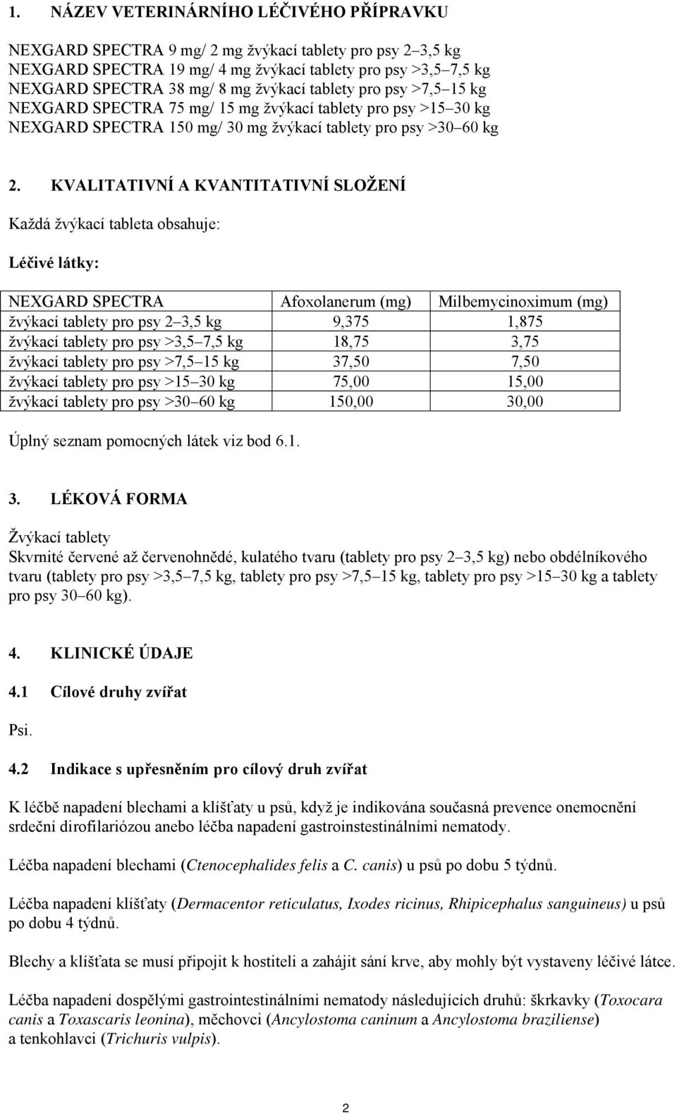 KVALITATIVNÍ A KVANTITATIVNÍ SLOŽENÍ Každá žvýkací tableta obsahuje: Léčivé látky: NEXGARD SPECTRA Afoxolanerum (mg) Milbemycinoximum (mg) žvýkací tablety pro psy 2 3,5 kg 9,375 1,875 žvýkací tablety