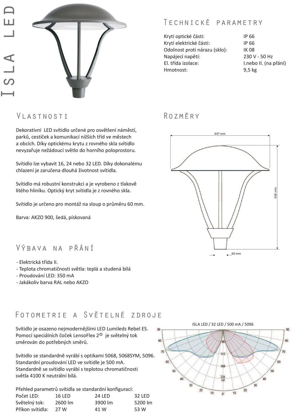 Díky optickému krytu z rovného skla svítidlo nevyzaøuje ne ádoucí svìtlo do horního poloprostoru. ozmery 647 mm Svítidlo lze vybavit 16, 24 nebo 32 LED.