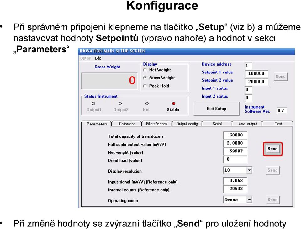 Setpointů (vpravo nahoře) a hodnot v sekci Parameters