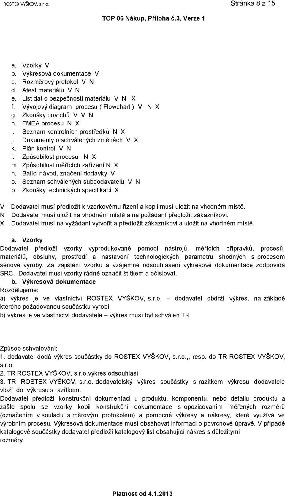 Způsobilost procesu N X m. Způsobilost měřících zařízení N X n. Balíci návod, značení dodávky V o. Seznam schválených subdodavatelů V N p.