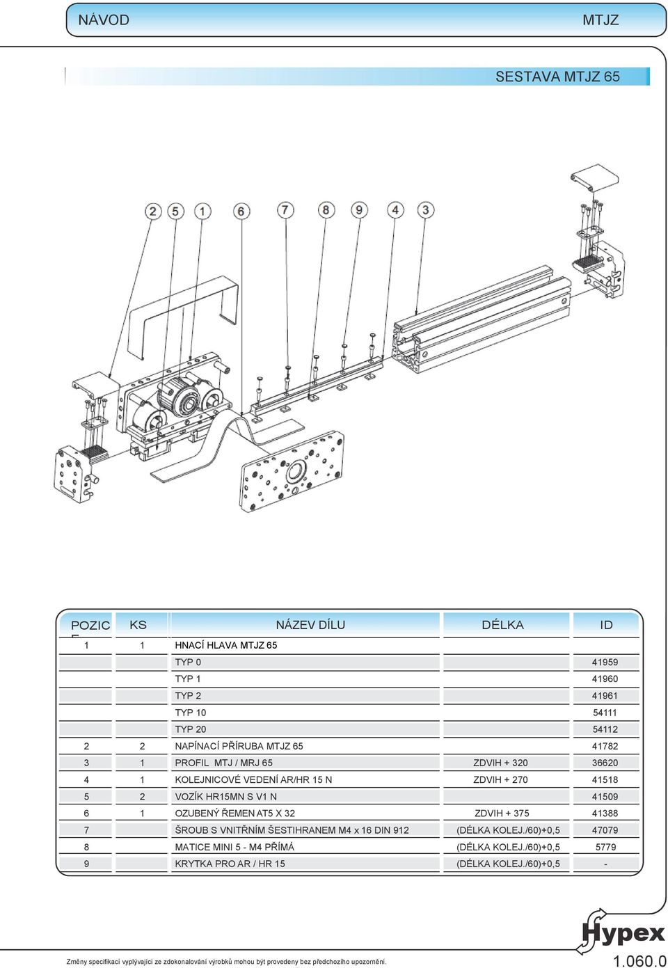 5 2 VOZÍK HR15MN S V1 N 41509 6 1 OZUBENÝ ŘEMEN AT5 X 32 ZDVIH + 375 41388 7 ŠROUB S VNITŘNÍM ŠESTIHRANEM M4 x 16 DIN 912 (DÉLKA