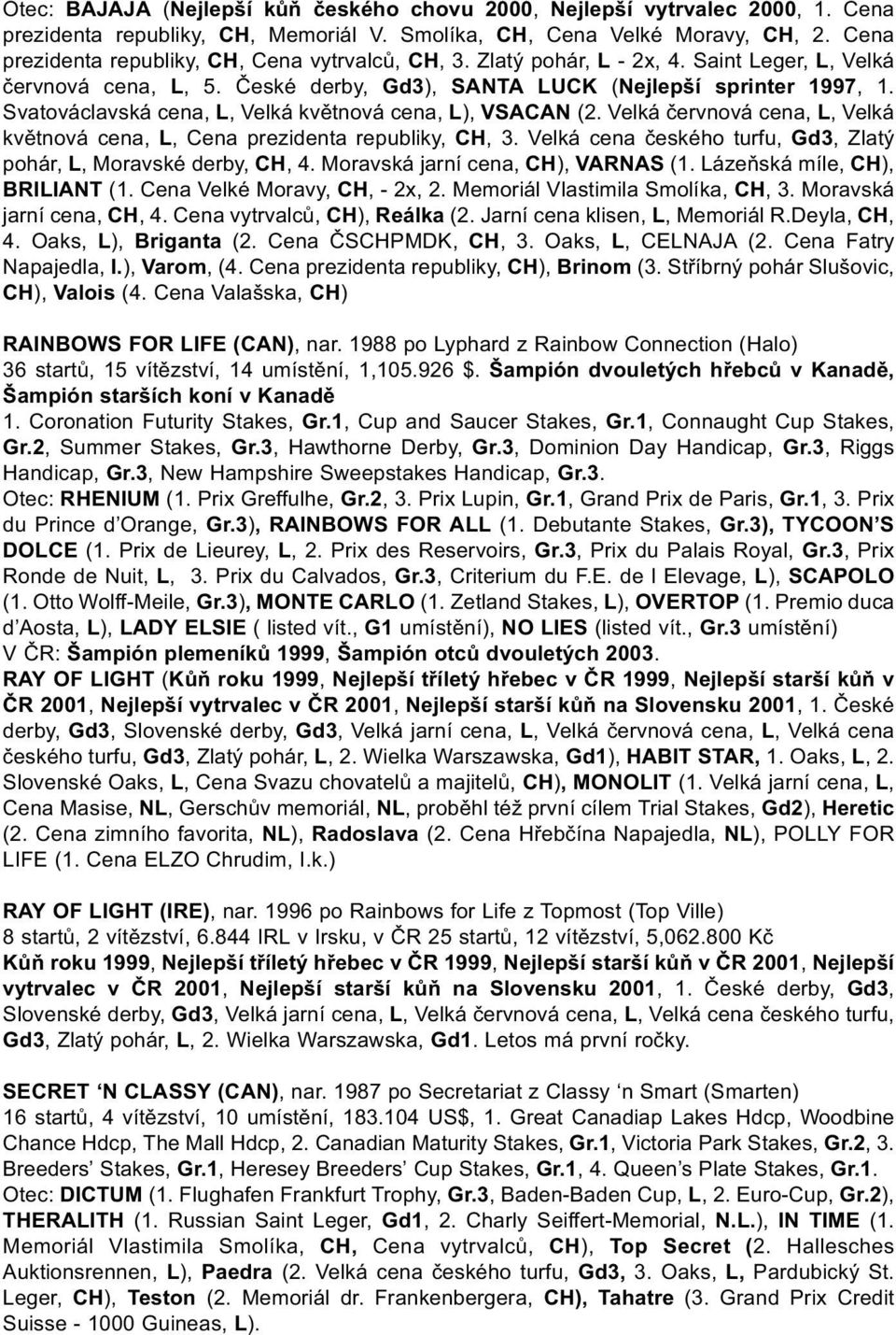 Svatováclavská cena, L, Velká květnová cena, L), VSACAN (2. Velká červnová cena, L, Velká květnová cena, L, Cena prezidenta republiky, CH, 3.