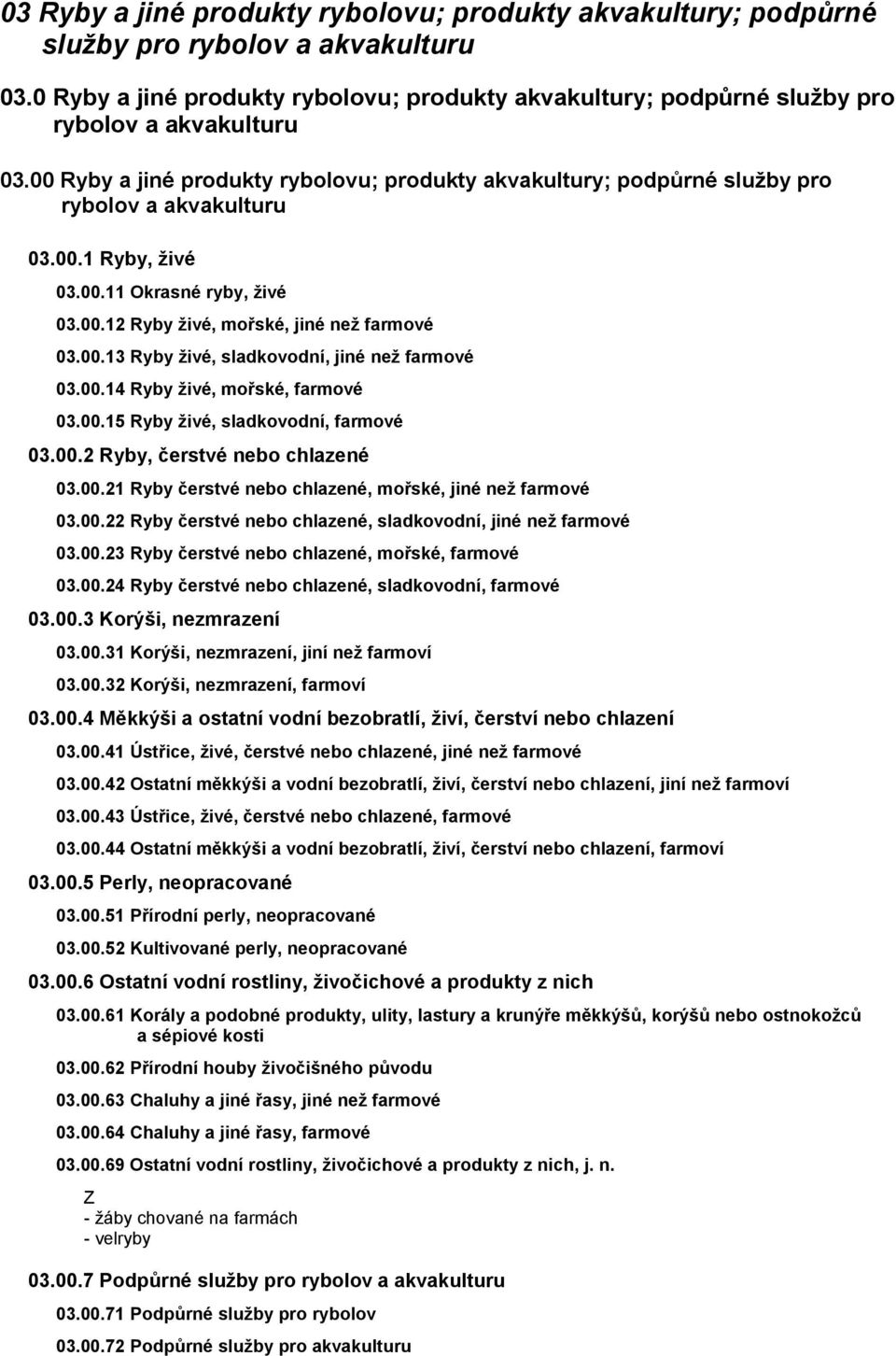 000.1 Ryby, živé 03.00.11 Okrasné ryby, živé 03.00.12 Ryby živé, mořské, jiné než farmové 03.00.13 Ryby živé, sladkovodní, jiné než farmové 03.00.14 Ryby živé, mořské, farmové 03.00.15 Ryby živé, sladkovodní, farmové 03.