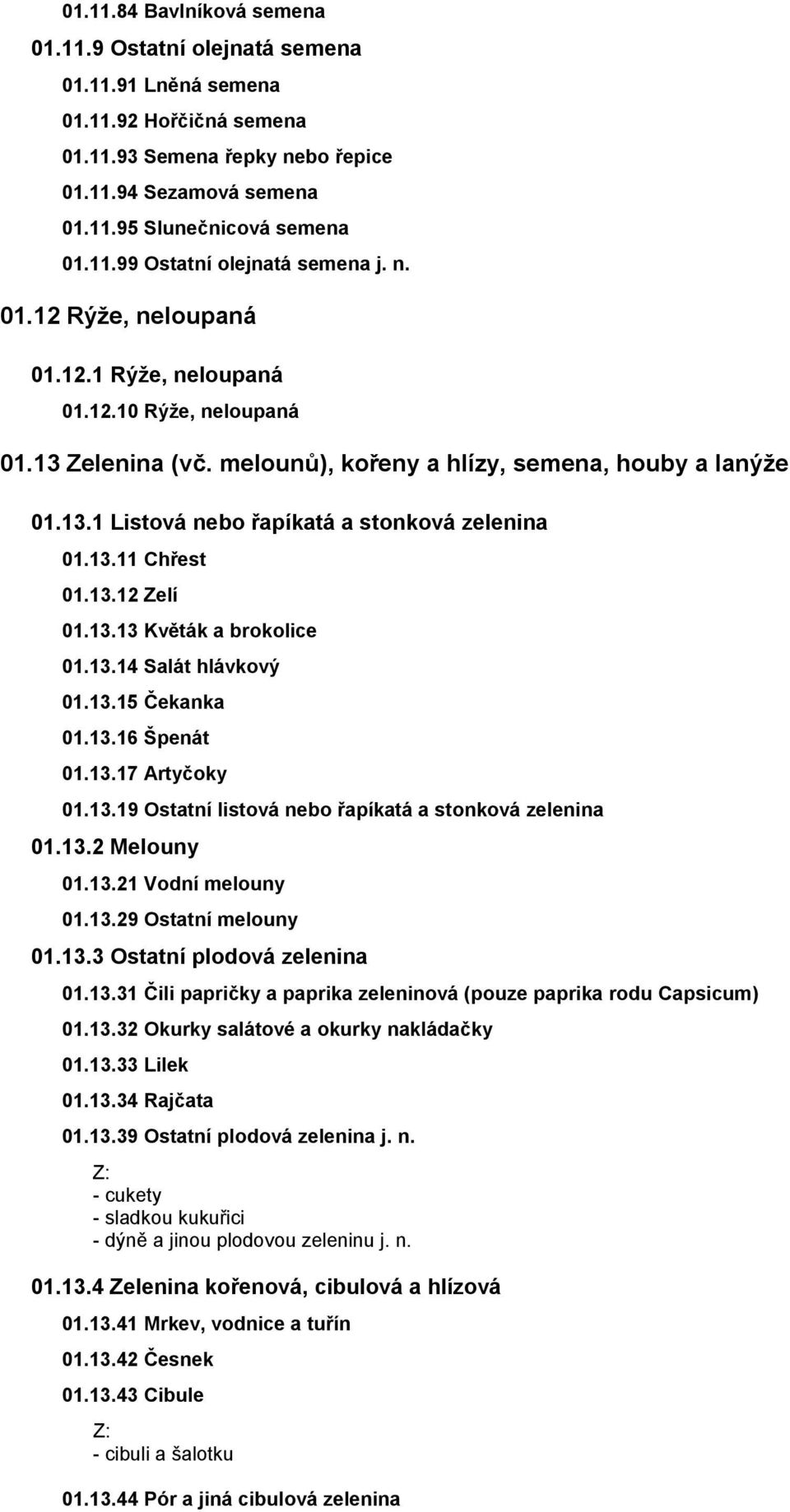 13.12 Zelí 01.13.13 Květák a brokolice 01.13.14 Salát hlávkový 01.13.15 Čekanka 01.13.16 Špenát 01.13.17 Artyčoky 01.13.19 Ostatní listová nebo řapíkatá a stonková zelenina 01.13.2 Melouny 01.13.21 Vodní melouny 01.