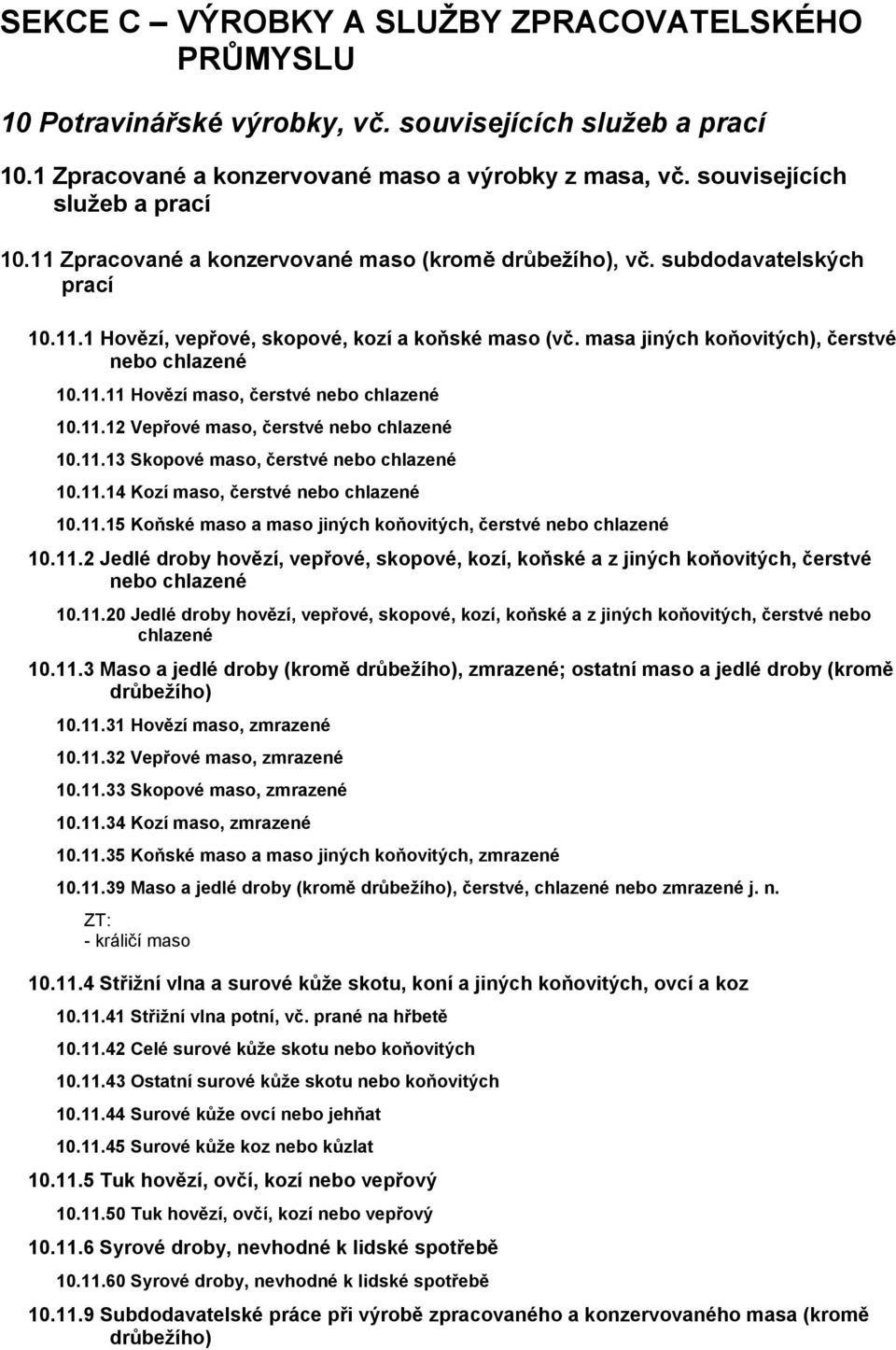 11.13 Skopové maso, čerstvé nebo chlazené 10.11.14 Kozí maso, čerstvé nebo chlazené 10.11.15 Koňské maso a maso jiných koňovitých, čerstvé nebo chlazené 10.11.2 Jedlé droby hovězí, vepřové, skopové, kozí, koňské a z jiných koňovitých, čerstvé nebo chlazené 10.