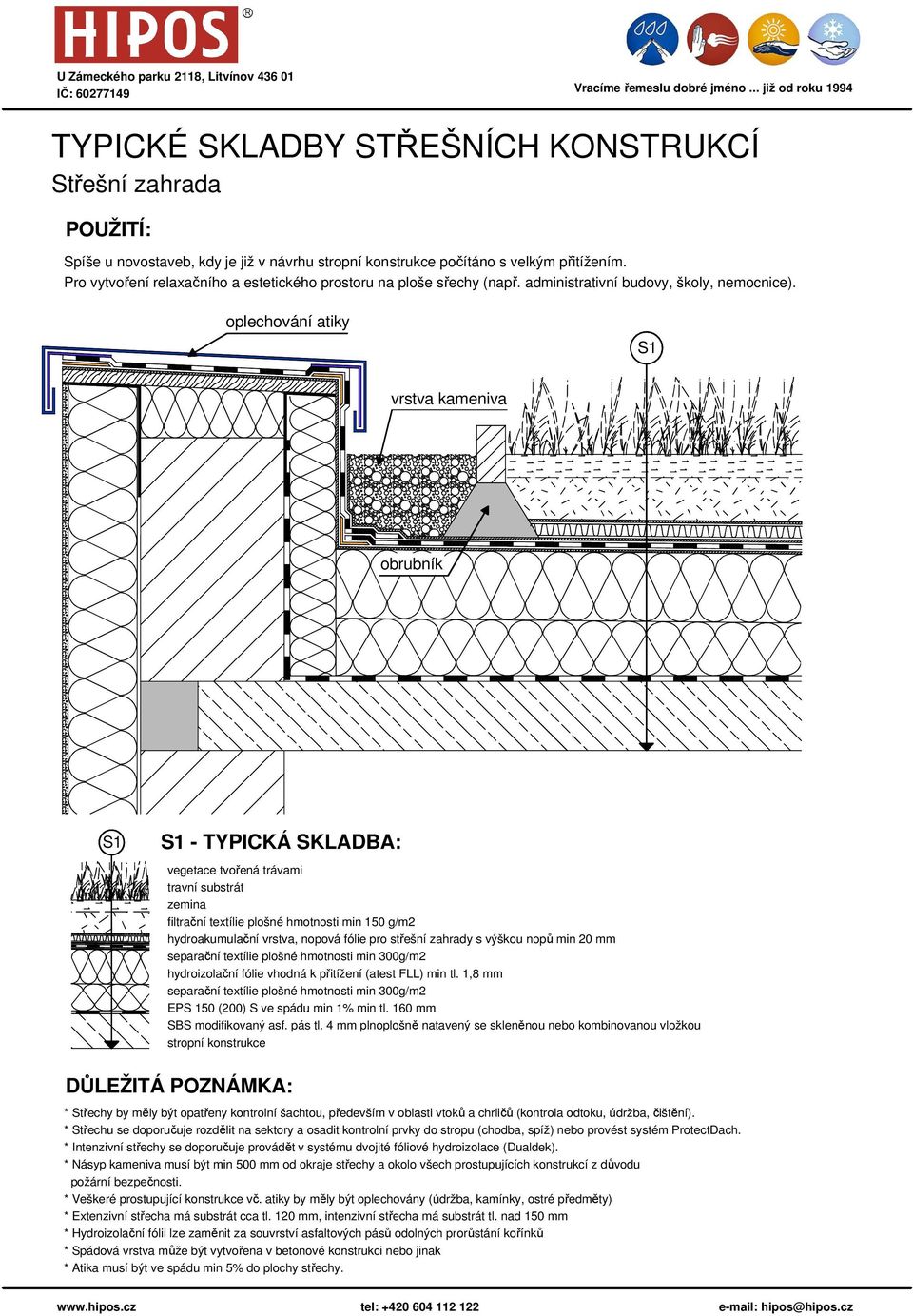 střešní zahrady s výškou nopů min 20 mm separační textílie plošné hmotnosti min 300g/m2 hydroizolační fólie vhodná k přitížení (atest FLL) min tl.