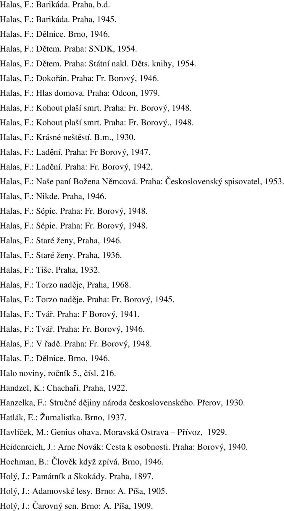 B.m., 1930. Halas, F.: Ladění. Praha: Fr Borový, 1947. Halas, F.: Ladění. Praha: Fr. Borový, 1942. Halas, F.: Naše paní Božena Němcová. Praha: Československý spisovatel, 1953. Halas, F.: Nikde.