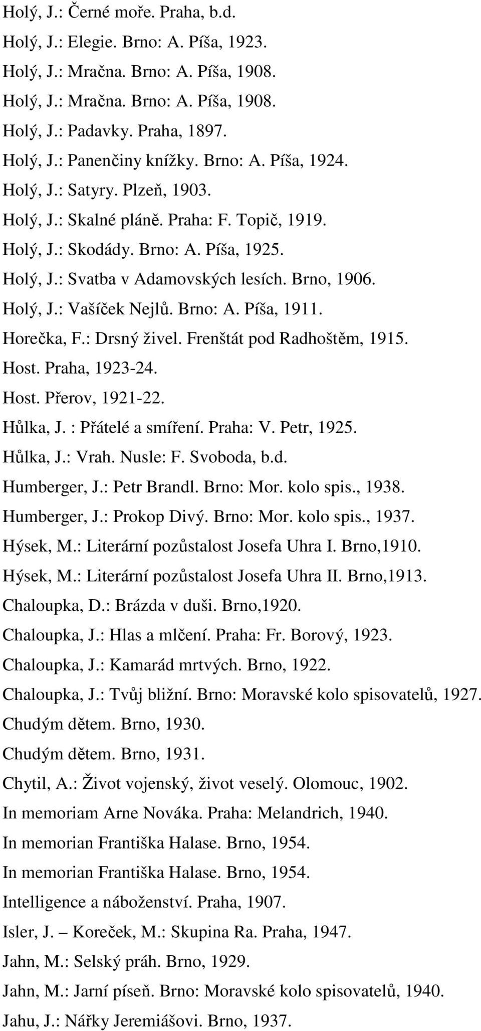 Brno: A. Píša, 1911. Horečka, F.: Drsný živel. Frenštát pod Radhoštěm, 1915. Host. Praha, 1923-24. Host. Přerov, 1921-22. Hůlka, J. : Přátelé a smíření. Praha: V. Petr, 1925. Hůlka, J.: Vrah.