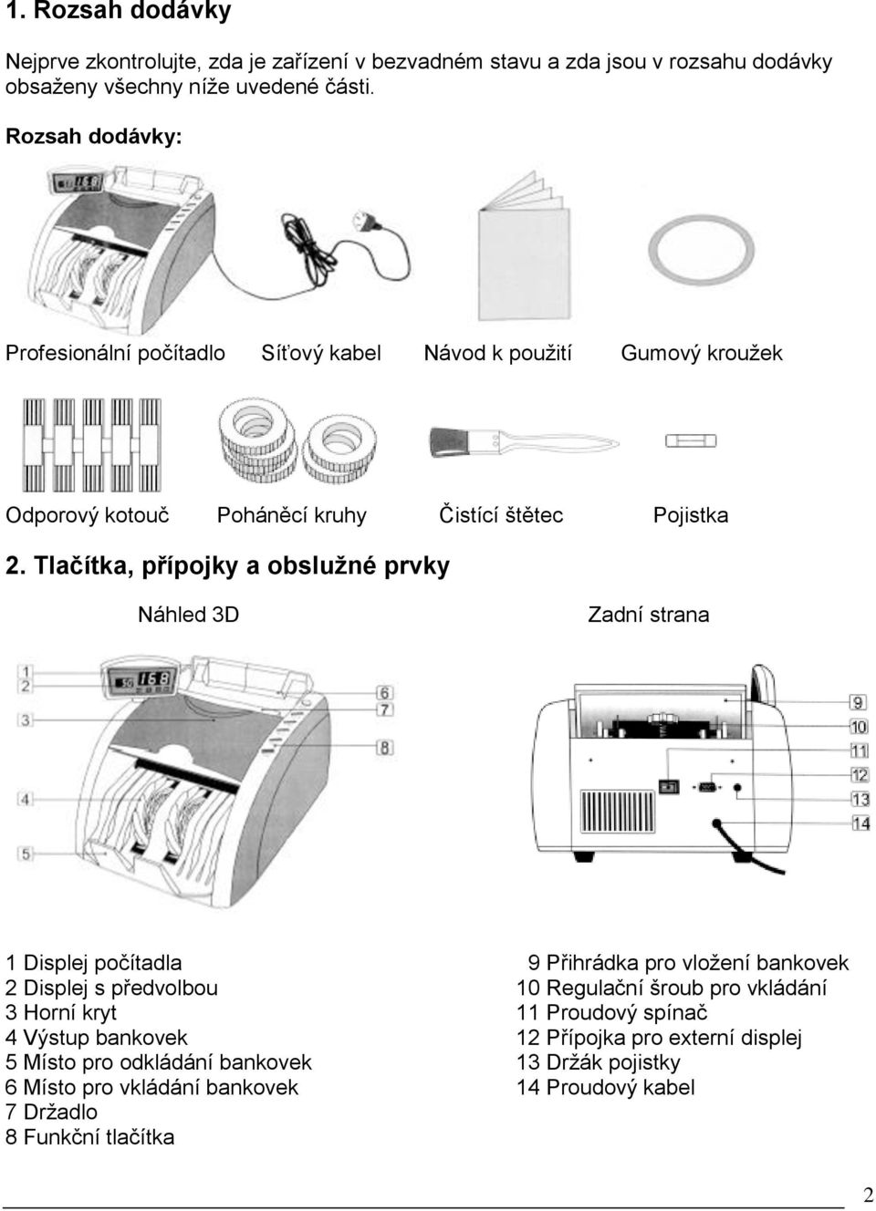 Tlačítka, přípojky a obslužné prvky Náhled 3D Zadní strana 1 Displej počítadla 9 Přihrádka pro vložení bankovek 2 Displej s předvolbou 10 Regulační šroub pro