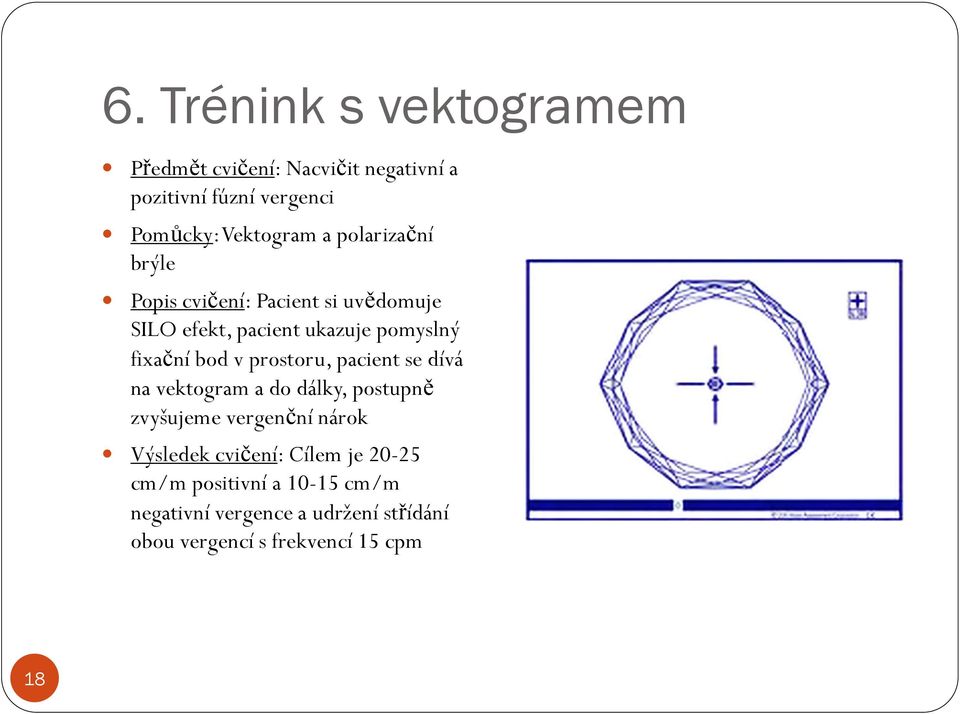 prostoru, pacient se dívá na vektogram a do dálky, postupně zvyšujeme vergenční nárok Výsledek cvičení: