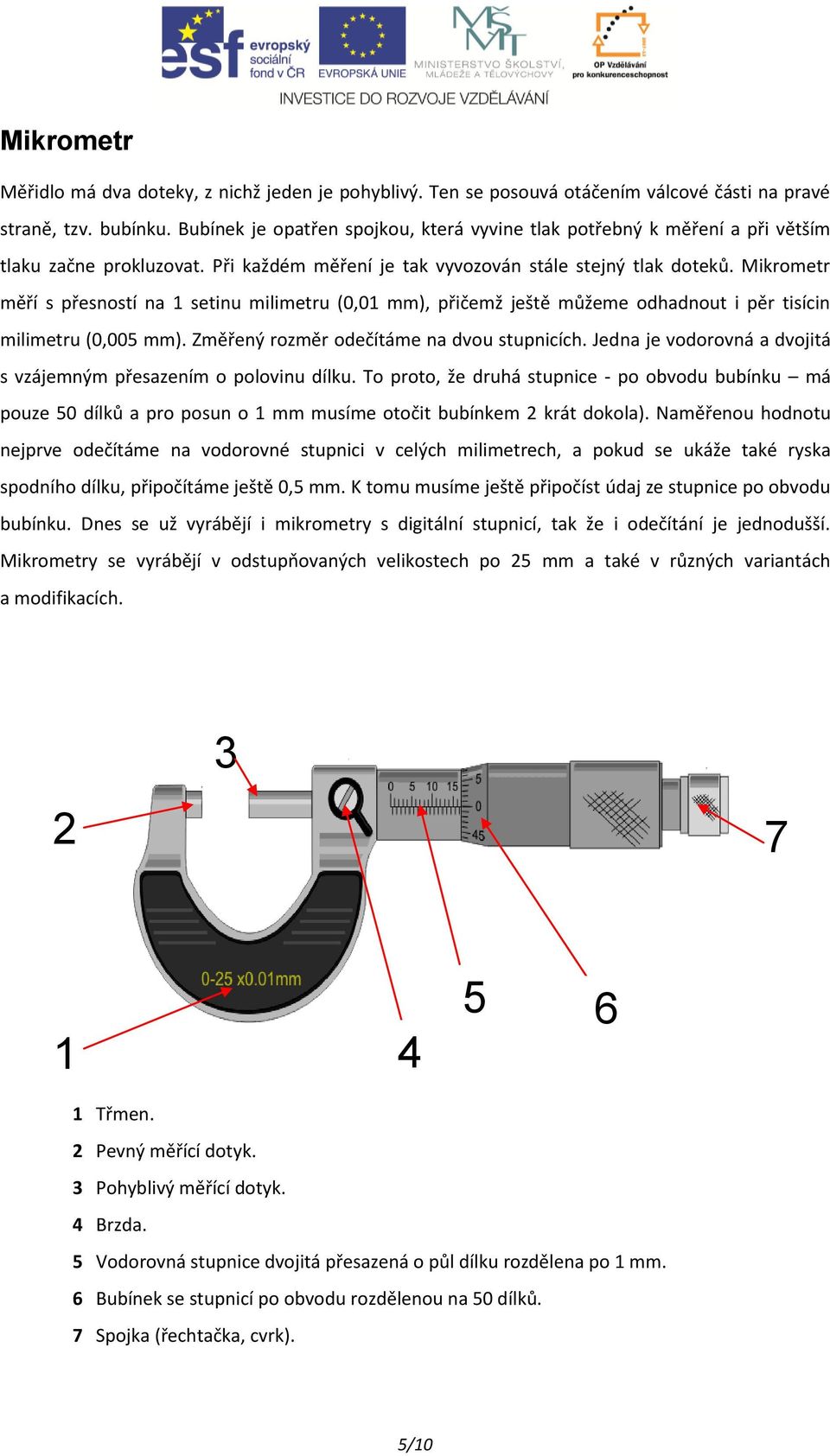 Mikrometr měří s přesností na 1 setinu milimetru (0,01 mm), přičemž ještě můžeme odhadnout i pěr tisícin milimetru (0,005 mm). Změřený rozměr odečítáme na dvou stupnicích.