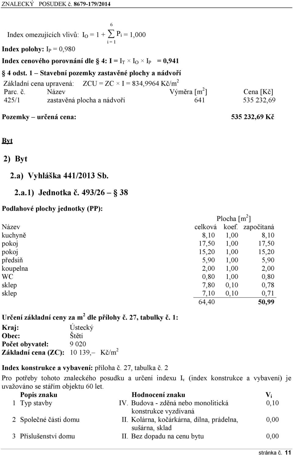 Název Výměra [m 2 ] Cena [Kč] 425/1 zastavěná plocha a nádvoří 641 535 232,69 Pozemky určená cena: 535 232,69 Kč Byt 2) Byt 2.a) Vyhláška 441/2013 Sb. 2.a.1) Jednotka č.