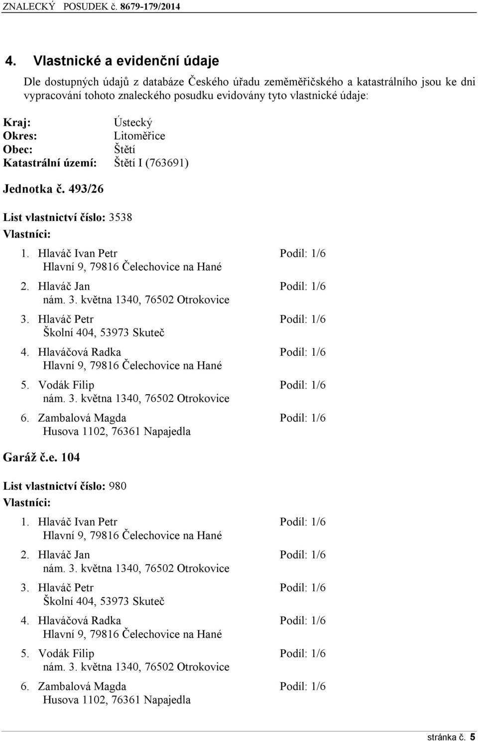 Hlaváč Ivan Petr Podíl: 1/6 Hlavní 9, 79816 Čelechovice na Hané 2. Hlaváč Jan Podíl: 1/6 nám. 3. května 1340, 76502 Otrokovice 3. Hlaváč Petr Podíl: 1/6 Školní 404, 53973 Skuteč 4.