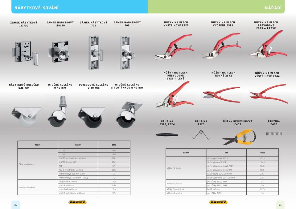 Ø 40 mm PRUŽINA 2323, 2324 PRUŽINA 2325 NŮŽKY ŘEMESLNICKÉ 2405 PRUŽINA 2405 cena Zámek nábytkový Kolečko nábytkové 117/30 49,- 117/40 50,- 118/50 s cylindrickou vložkou 154,- 118/50 shodný klíč 154,-