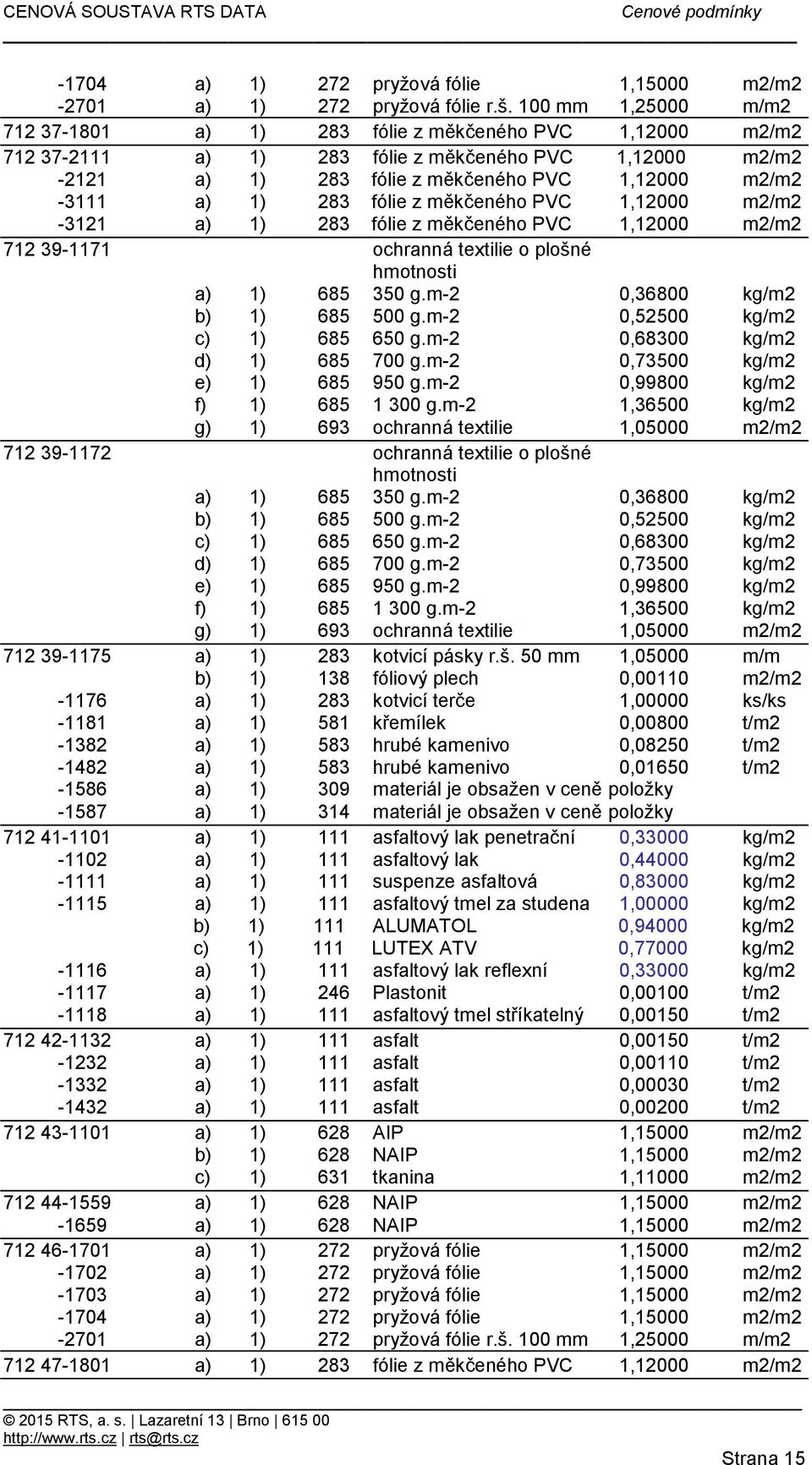 283 fólie z měkčeného PVC 1,12000 m2/m2-3121 a) 1) 283 fólie z měkčeného PVC 1,12000 m2/m2 712 39-1171 ochranná textilie o plošné 712 39-1172 ochranná textilie o plošné 712 39-1175 a) 1) 283 kotvicí