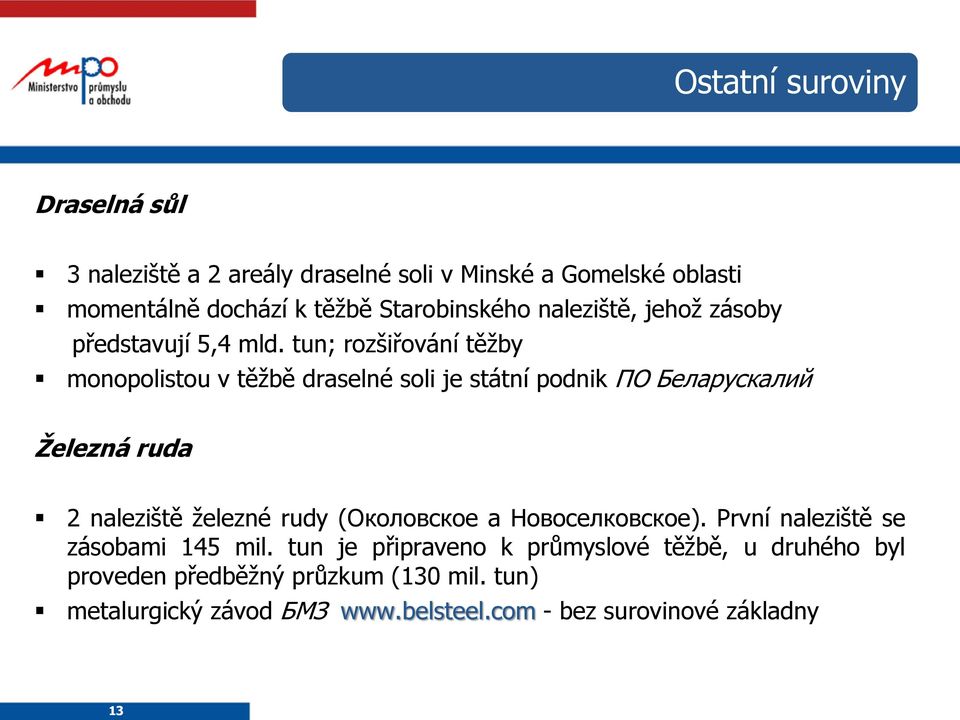 tun; rozšiřování těžby monopolistou v těžbě draselné soli je státní podnik ПО Беларускалий Železná ruda 2 naleziště železné rudy