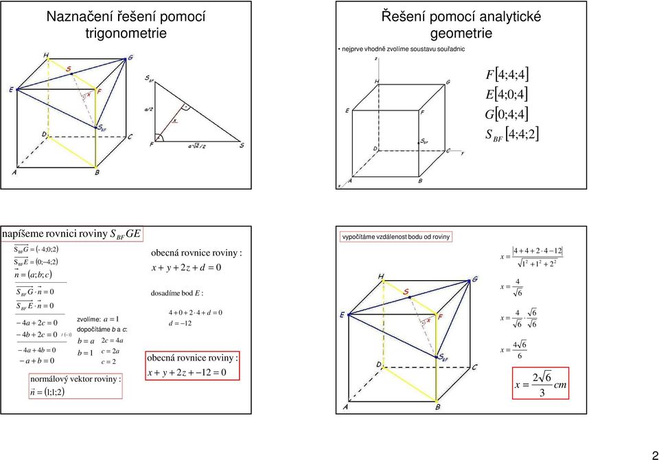 normálový vektor roviny : n = ( 1;1; ) / ( 1) zvolíme: a = 1 dopočítáme b a c: b = a b = 1 c = 4a c = a c = obecná rovnice roviny : x + y + z + d = 0 dosadíme bod