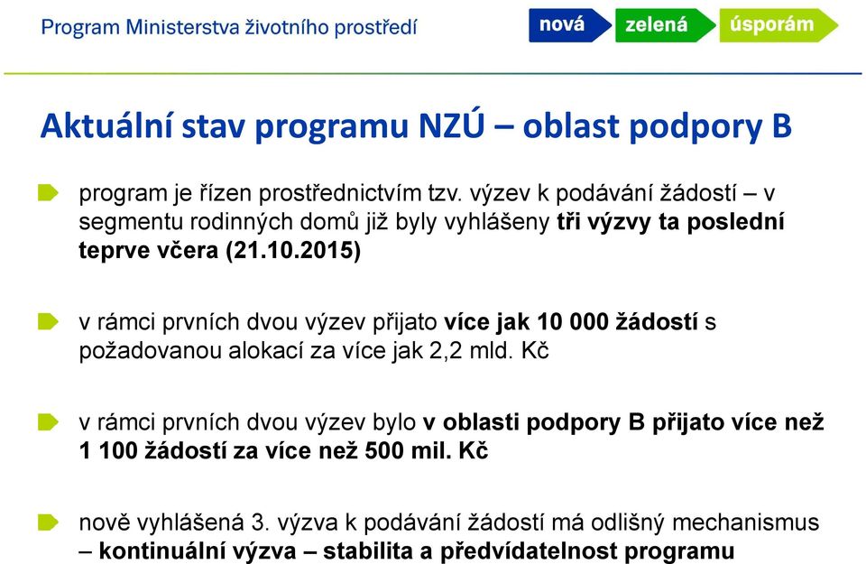 2015) v rámci prvních dvou výzev přijato více jak 10 000 žádostí s požadovanou alokací za více jak 2,2 mld.