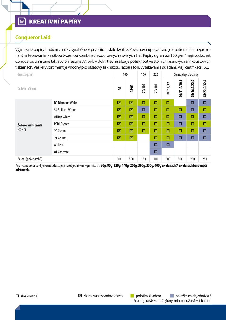 Papíry s gramáží 100 g/m 2 mají vodoznak Conqueror, umístěné tak, aby při řezu na A4 byly v dolní třetině a lze je potisknout ve stolních laserových a inkoustových tiskárnách.