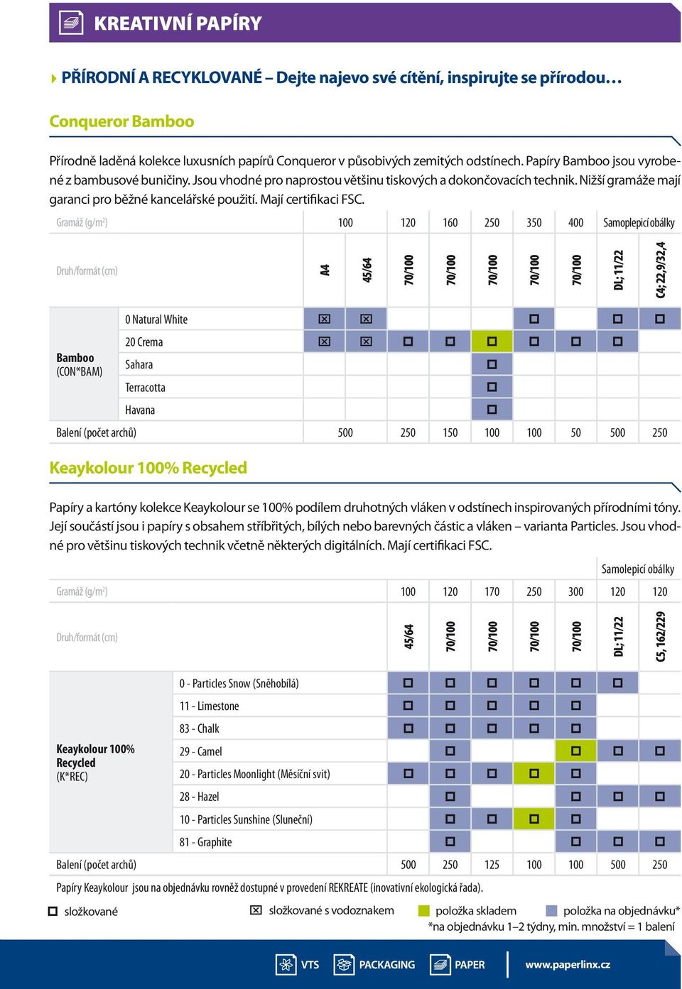Gramáž (g/m 2 ) 100 120 160 250 350 400 Samoplepicí obálky A4 45/64 C4; 22,9/32,4 0 Natural White x x 20 Crema x x Bamboo (CON*BAM) Sahara Terracotta Havana Balení (počet archů) 500 250 150 100 100