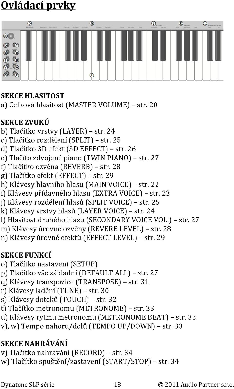 22 i) Klávesy přídavného hlasu (EXTRA VOICE) str. 23 j) Klávesy rozdělení hlasů (SPLIT VOICE) str. 25 k) Klávesy vrstvy hlasů (LAYER VOICE) str. 24 l) Hlasitost druhého hlasu (SECONDARY VOICE VOL.