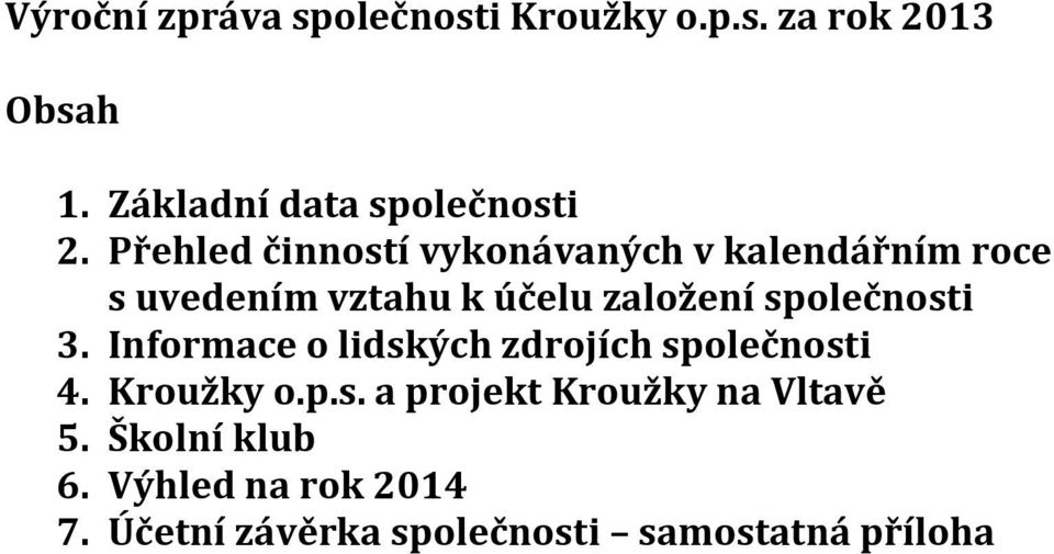 společnosti 3. Informace o lidských zdrojích společnosti 4. Kroužky o.p.s. a projekt Kroužky na Vltavě 5.