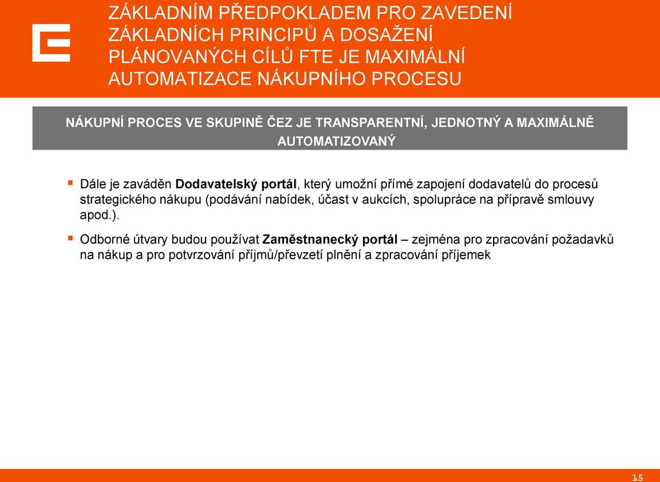 zapojení dodavatelů do procesů strategického nákupu (podávání nabídek, účast v aukcích, spolupráce na přípravě smlouvy apod.).