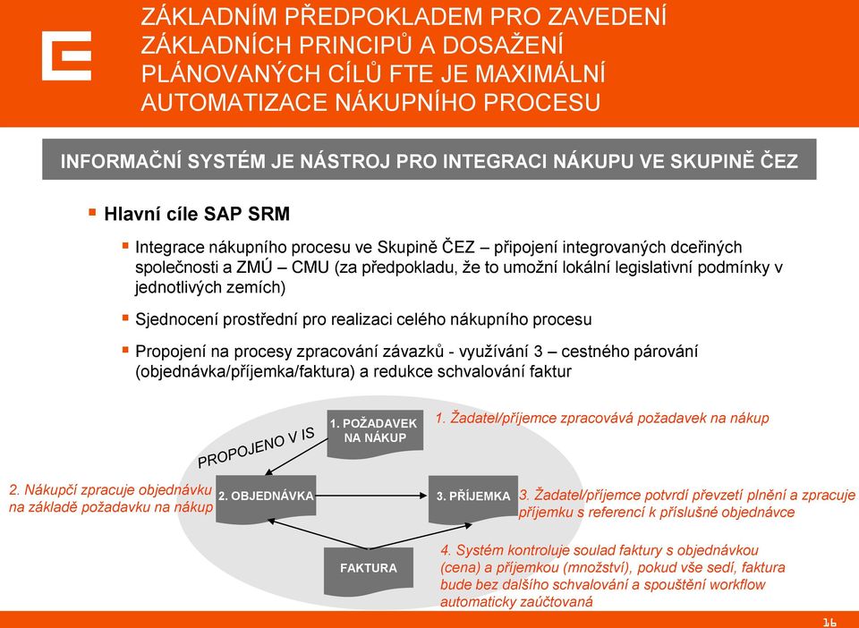 zemích) Sjednocení prostřední pro realizaci celého nákupního procesu Propojení na procesy zpracování závazků - vyuţívání 3 cestného párování (objednávka/příjemka/faktura) a redukce schvalování faktur