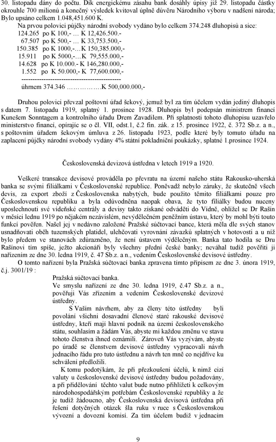 Na prvou polovici půjčky národní svobody vydáno bylo celkem 374.248 dluhopisů a sice: 124.265 po K 100,- K 12,426.500.- 67.507 po K 500,- K 33,753.500,- 150.385 po K 1000,- K 150,385.000,- 15.