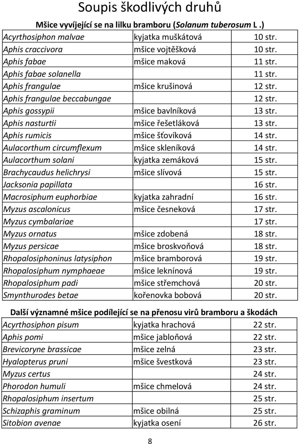 Aphis nasturtii mšice řešetláková 13 str. Aphis rumicis mšice šťovíková 14 str. Aulacorthum circumflexum mšice skleníková 14 str. Aulacorthum solani kyjatka zemáková 15 str.