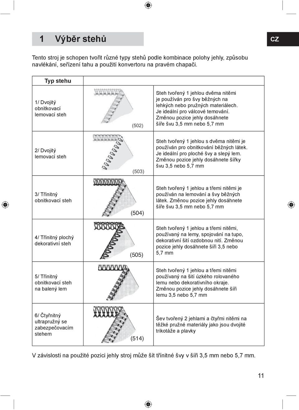 Změnou pozice jehly dosáhnete šíře švu 3,5 mm nebo 5,7 mm 2/ Dvojitý lemovací steh Steh tvořený 1 jehlou s dvěma nitěmi je používán pro obnitkování běžných látek.