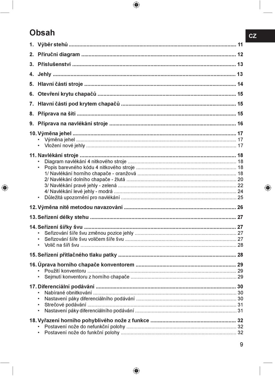 .. 18 Popis barevného kódu 4 nitkového stroje... 18 1/ Navlékání horního chapače - oranžová... 18 2/ Navlékání dolního chapače - žlutá... 20 3/ Navlékání pravé jehly - zelená.