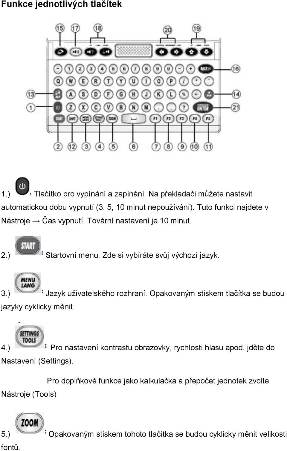 ) Jazyk uživatelského rozhraní. Opakovaným stiskem tlačítka se budou jazyky cyklicky měnit. 4.) Pro nastavení kontrastu obrazovky, rychlosti hlasu apod.