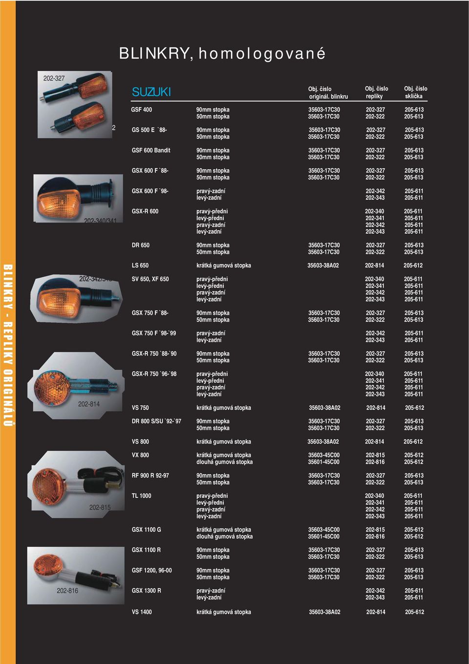 `88-90mm stopka 35603-17C30 202-327 205-613 GSX 600 F `98- pravý-zadní 202-342 205-611 202-340/341 GSX-R 600 pravý-přední 202-340 205-611 levý-přední 202-341 205-611 pravý-zadní 202-342 205-611 DR